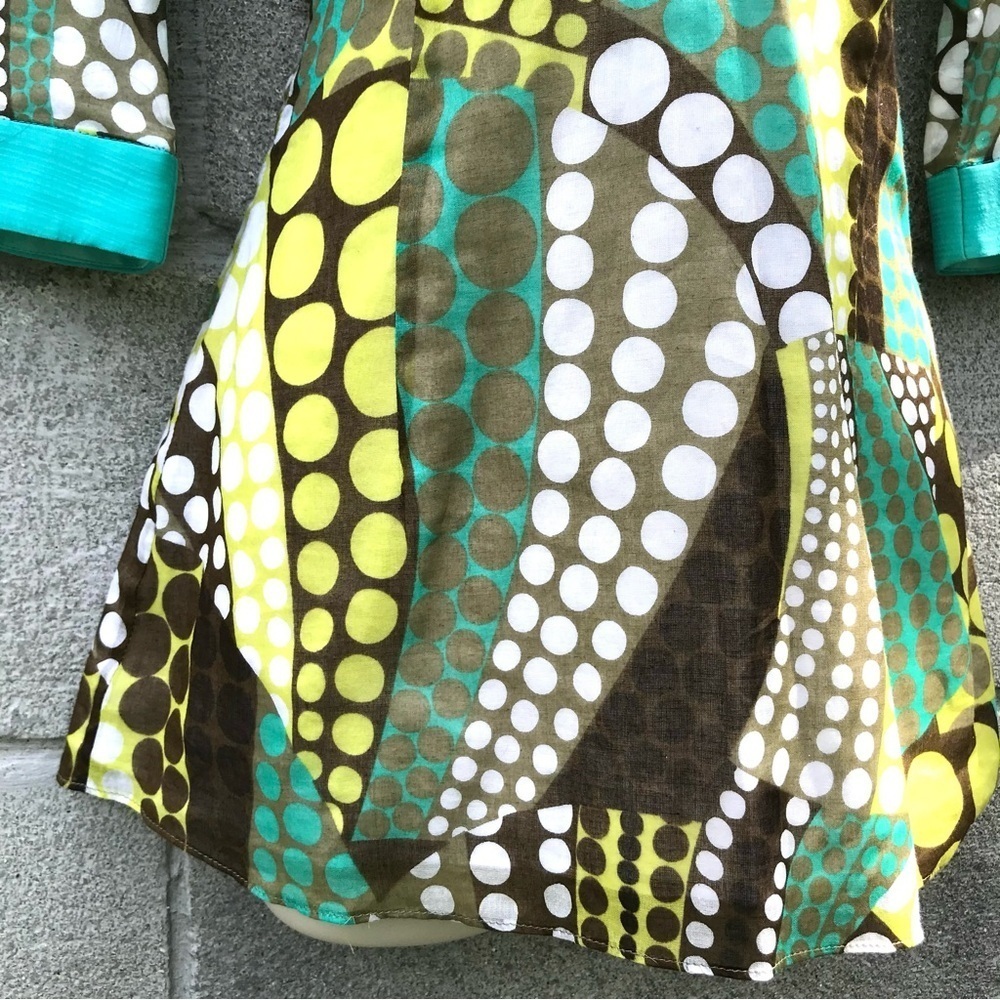 MILLY of NEW YORK Turquoise + Green Mod Print Top 3/4 sleeves Size 2 - Picture 7 of 16